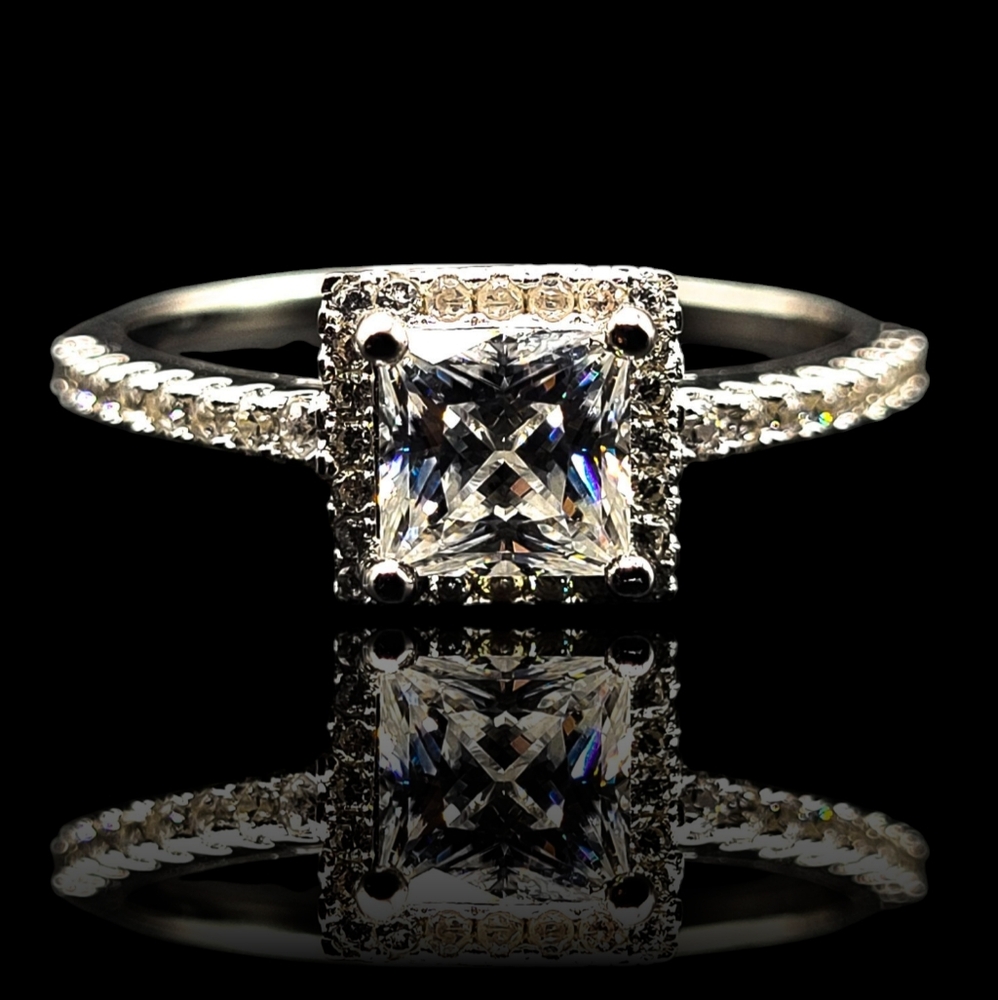 Princess Cut Certified Moissanite Halo Engagement  Sterling Silver Ring